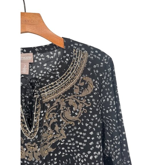 Chicos 2 women's blouse top size large  Black Tunic  Embroidered Long Sleeve - Picture 3 of 5